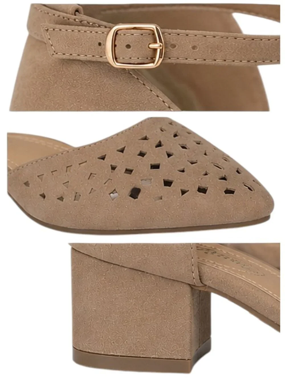 Nature Breeze Apex-01 Faux Suede D’Orsay Perforated Block Heel Beige Sandals - Picture 6 of 6